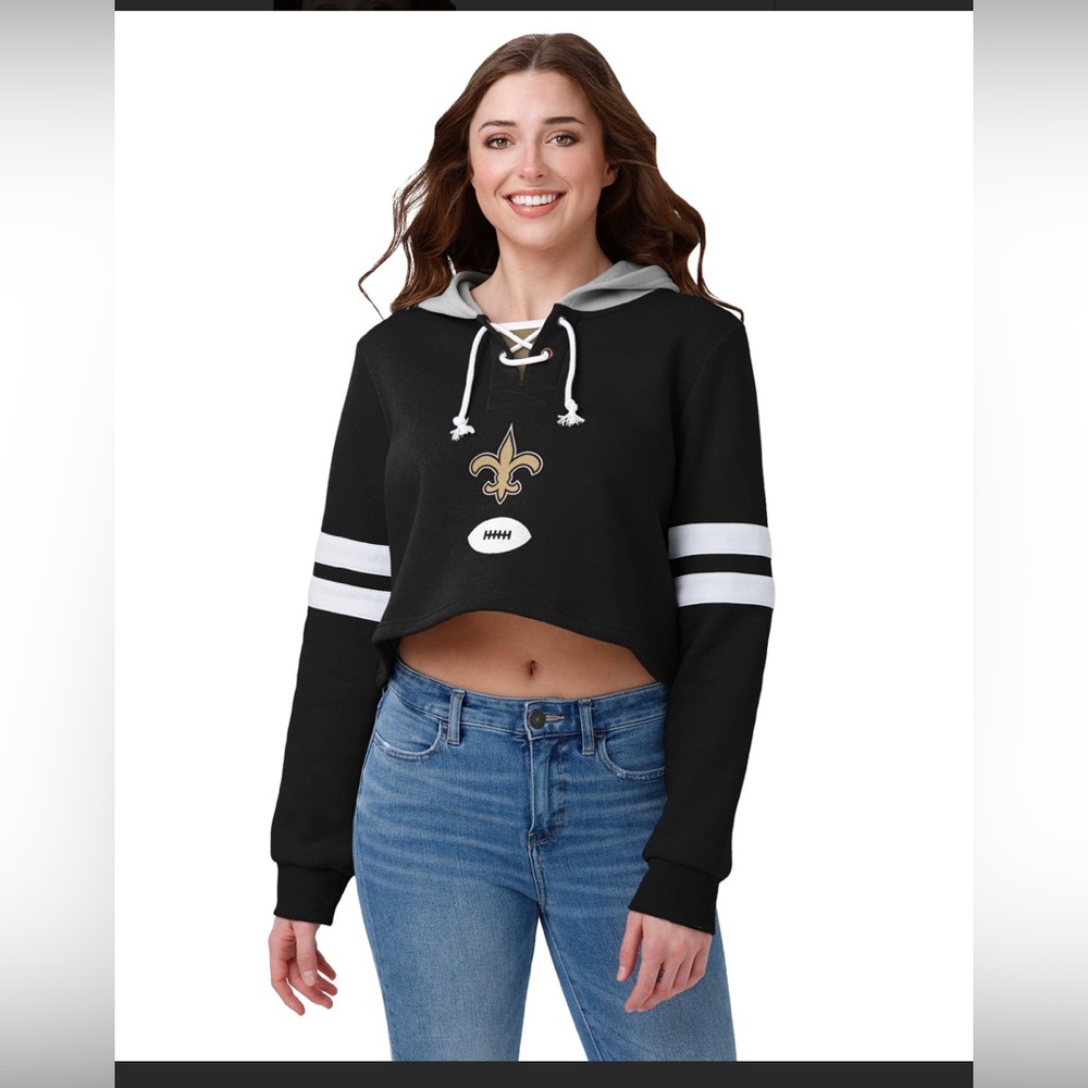 FOCO Women's Standard Striped Sleeve Cropped Hoodie New Orleans Saints L NWT
